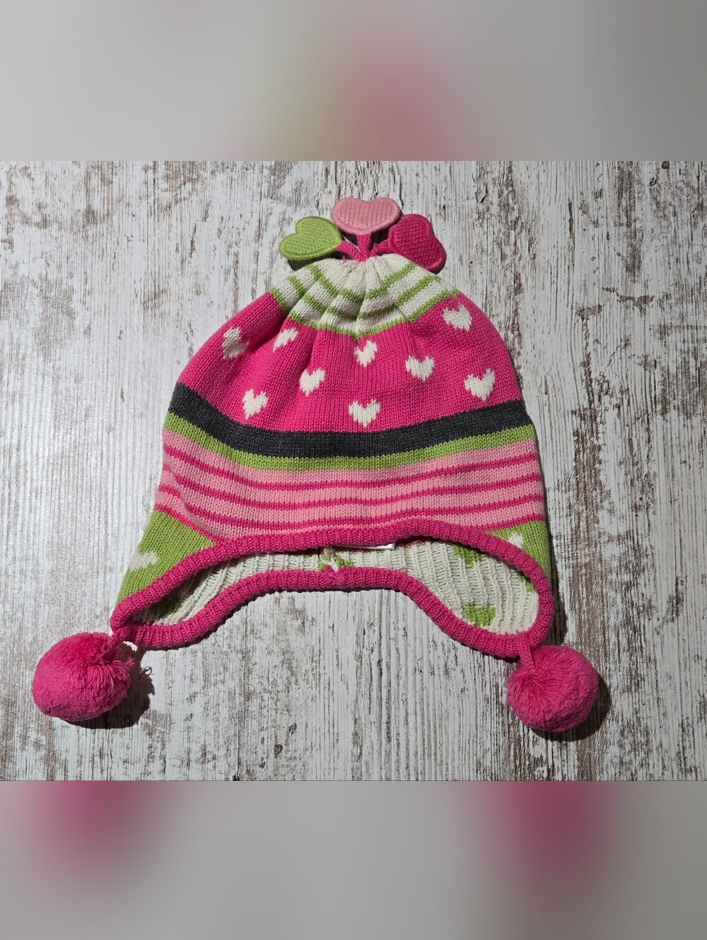 Gymboree Pink Heart Earflap Hat with Green & Heart Accents